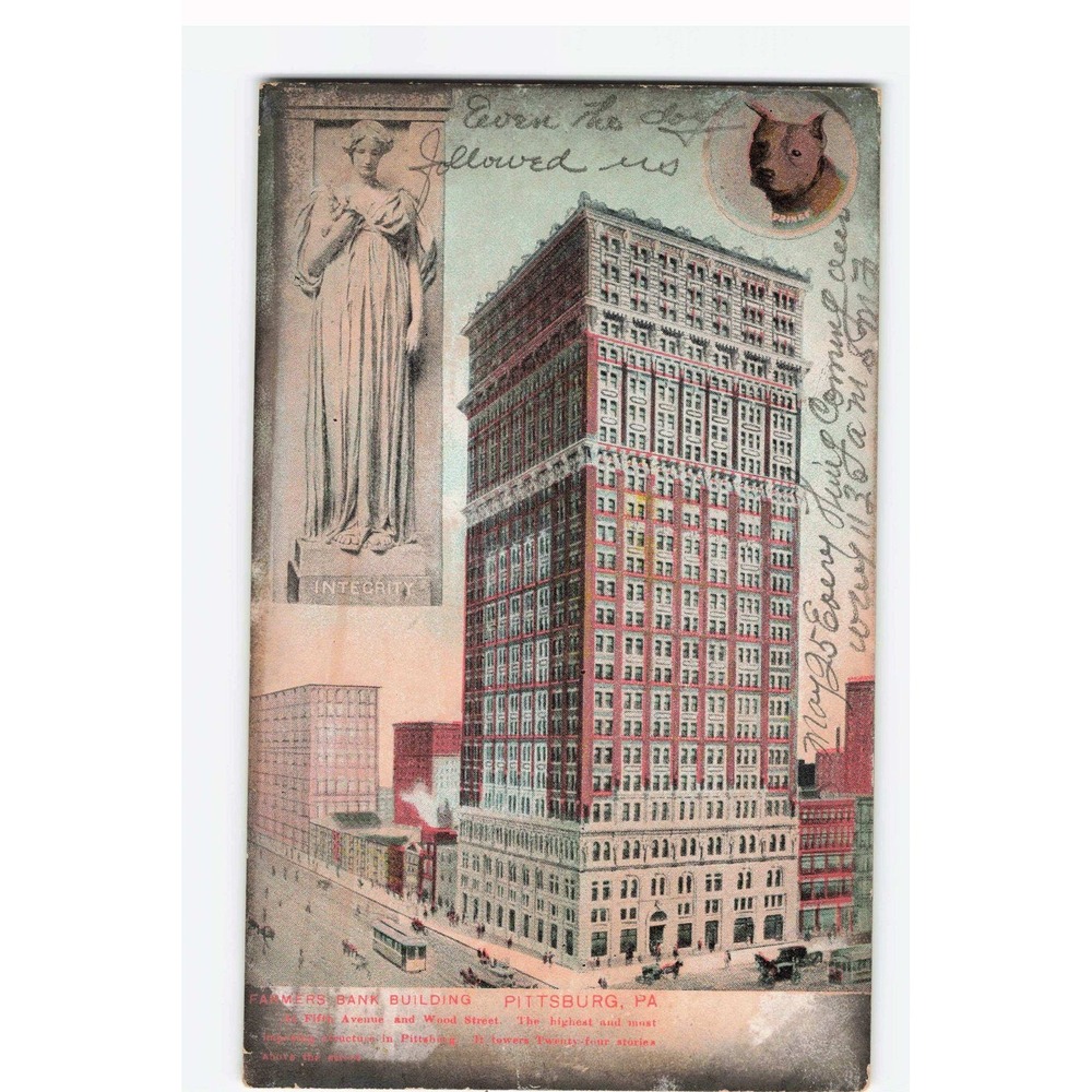 Vintage 1909 Farmers Bank Building Pittsburg PA Postcard Integrity Statue Dog